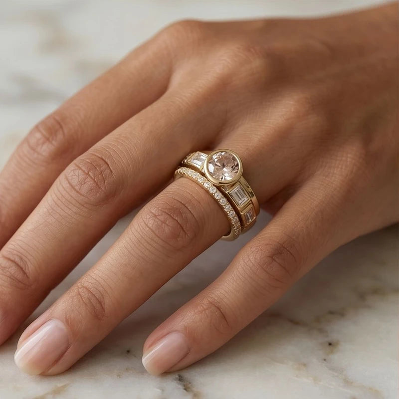 Model wearing 6 Seraphine Crystal Gold Ring Set close-up - 3