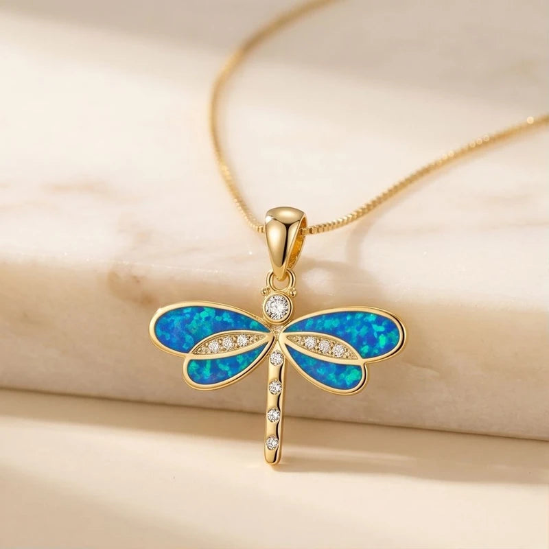 Blue Cerulean Opal Dragonfly Charm Necklace product photo