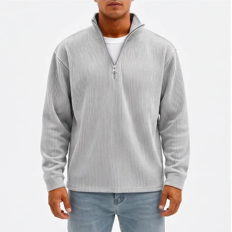 Model wearing Light Gray corduroy pullover in a studio - 2