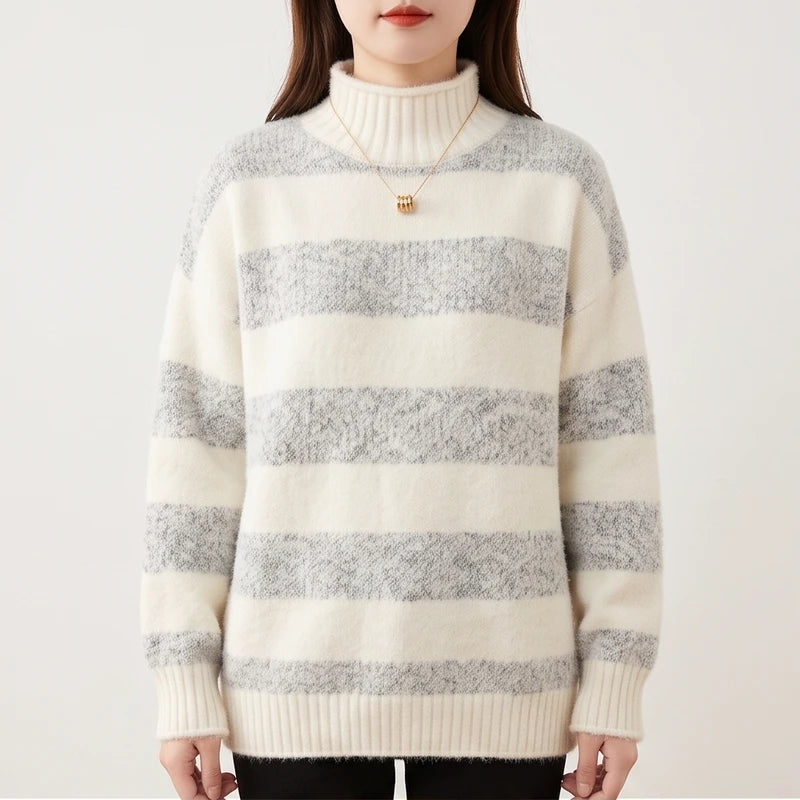 Model wearing Orange knit sweater in a studio