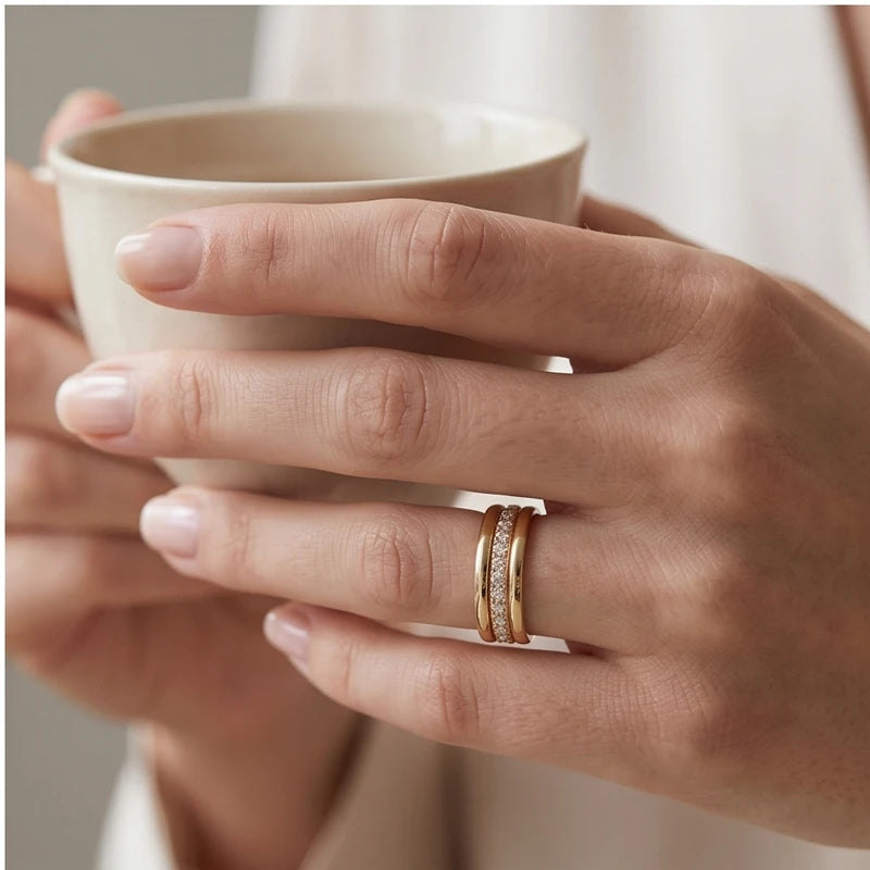Model wearing 5 Sarah Zirconia Inlaid Gold Ring close-up - 4