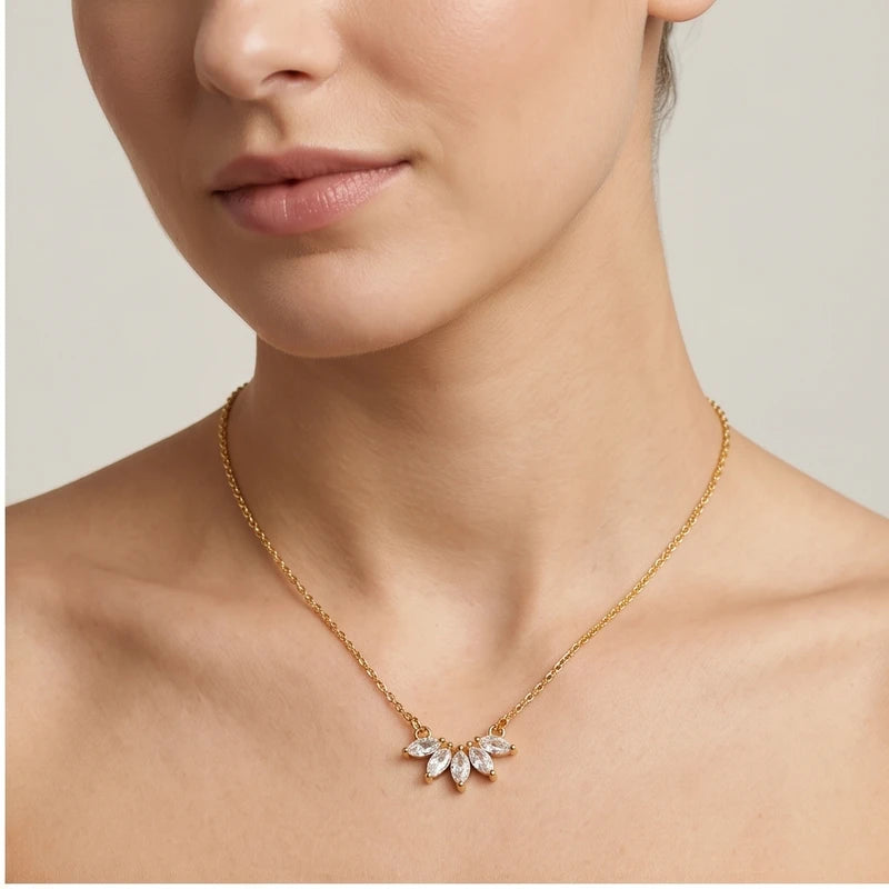 Model wearing Omelia Crystal Leaf Necklace Omelia Crystal Leaf Necklace close-up - 2