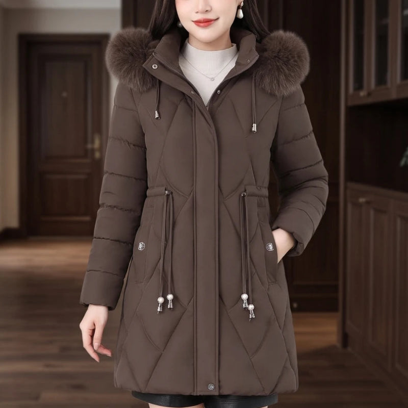 Brown jacket in a dark wood interior
