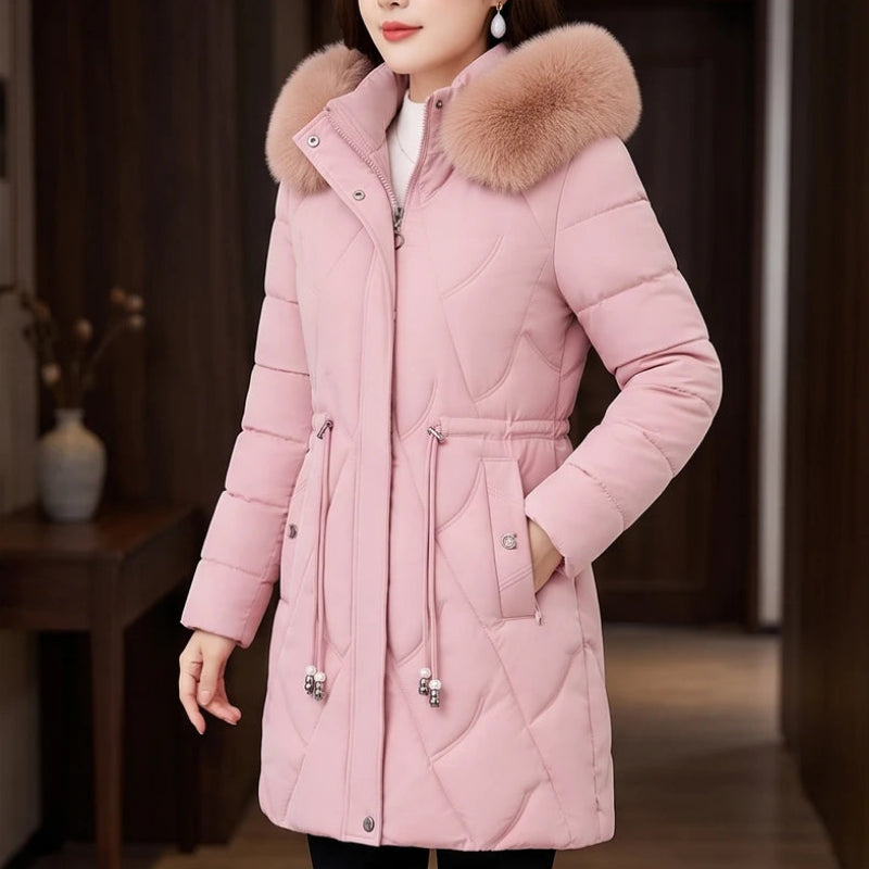 Pink jacket in a dark wood interior