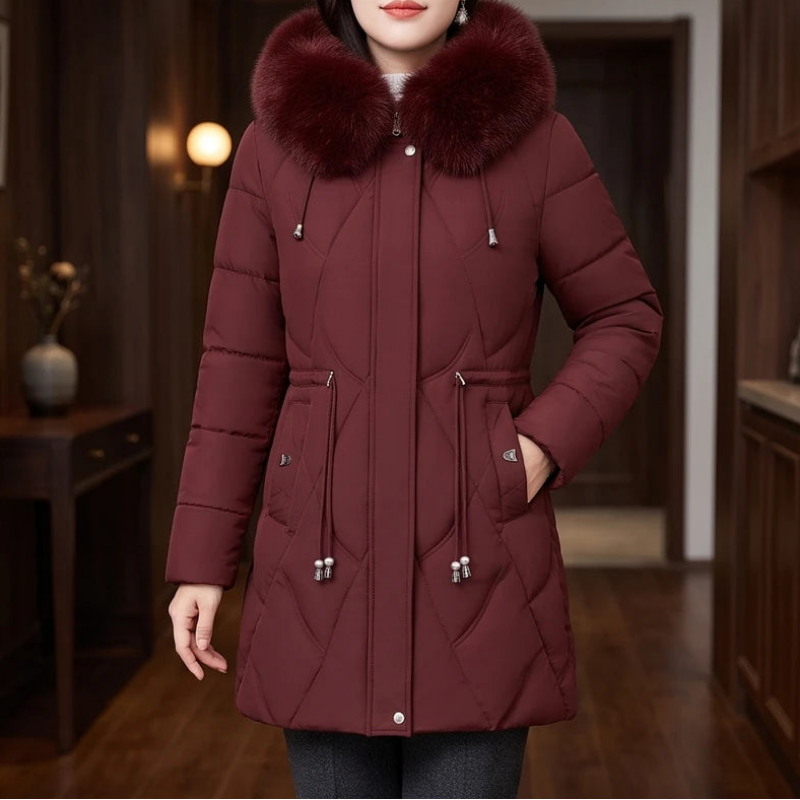 Wine red jacket in a dark wood interior