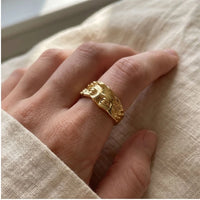 Model wearing Gold Celestia Resizable Stainless Steel Ring close-up - 2