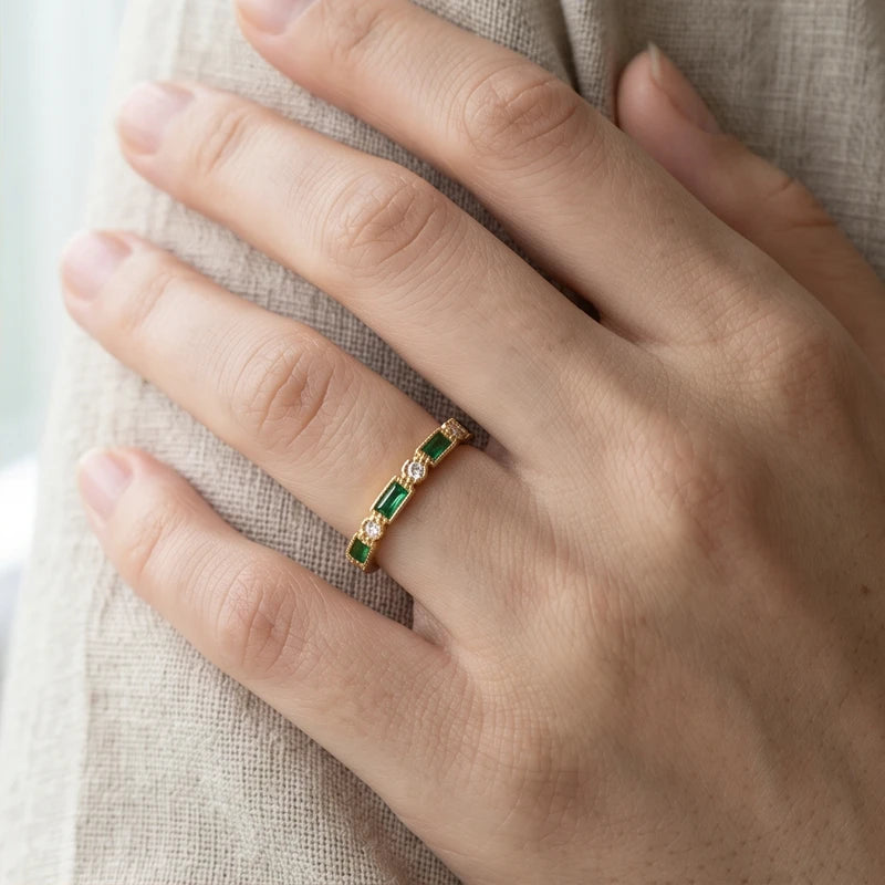 Model wearing 6 Alex - Green Inlaid Zirconia Gold Ring close-up - 2