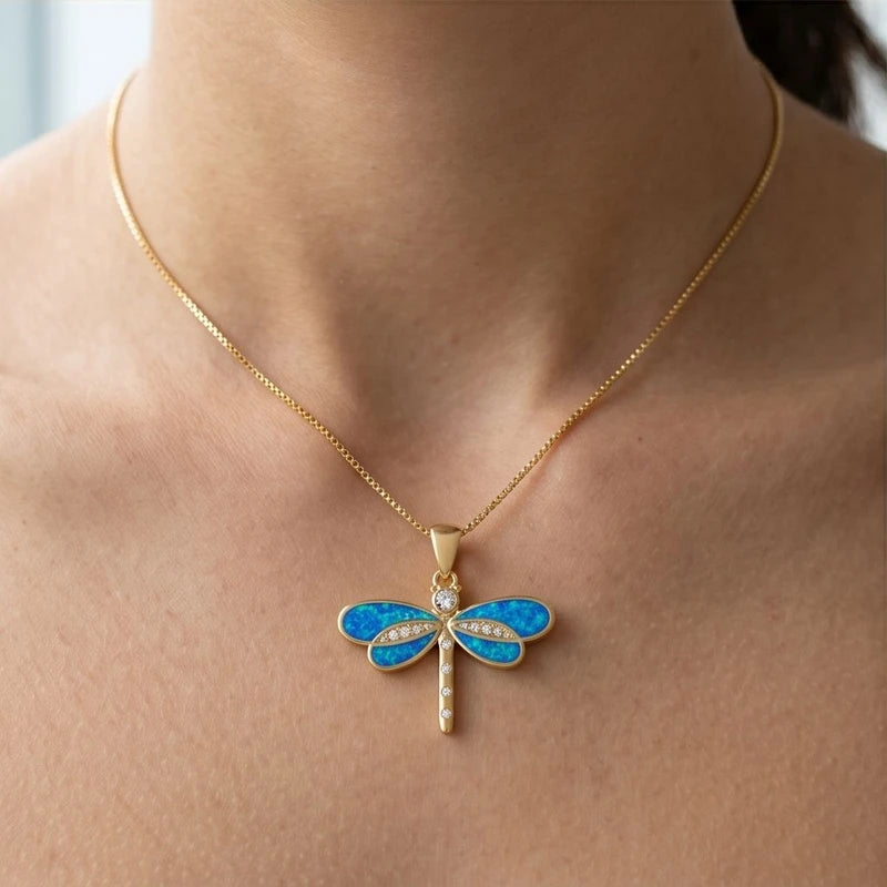 Model wearing Blue Cerulean Opal Dragonfly Charm Necklace close-up - 2