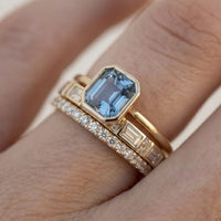 Model wearing Lumière Gold & Sapphire Ring Set Lumière Gold & Sapphire Ring Set close-up - 4