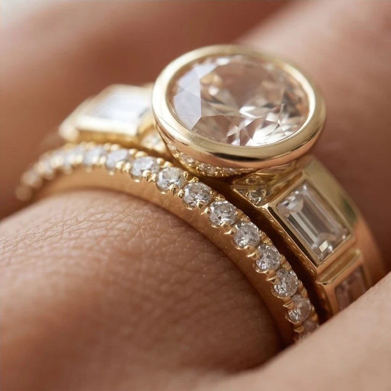 Model wearing 6 Seraphine Crystal Gold Ring Set close-up - 4