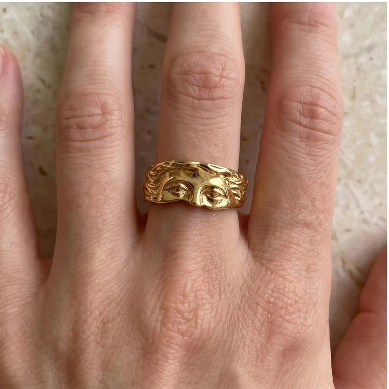 Model wearing Gold Celestia Resizable Stainless Steel Ring close-up - 3