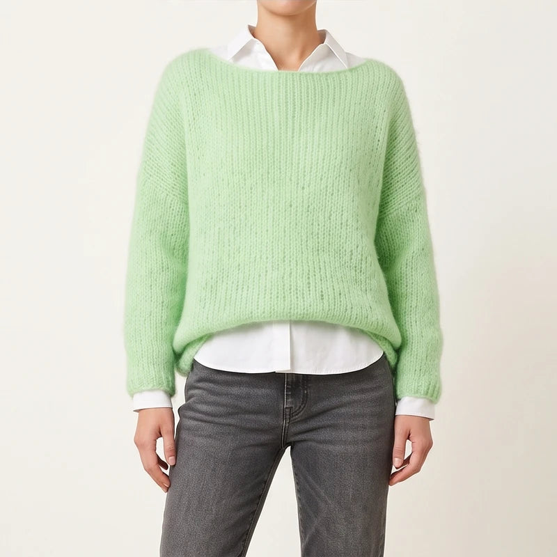 Model wearing green knit pullover in a studio - 2