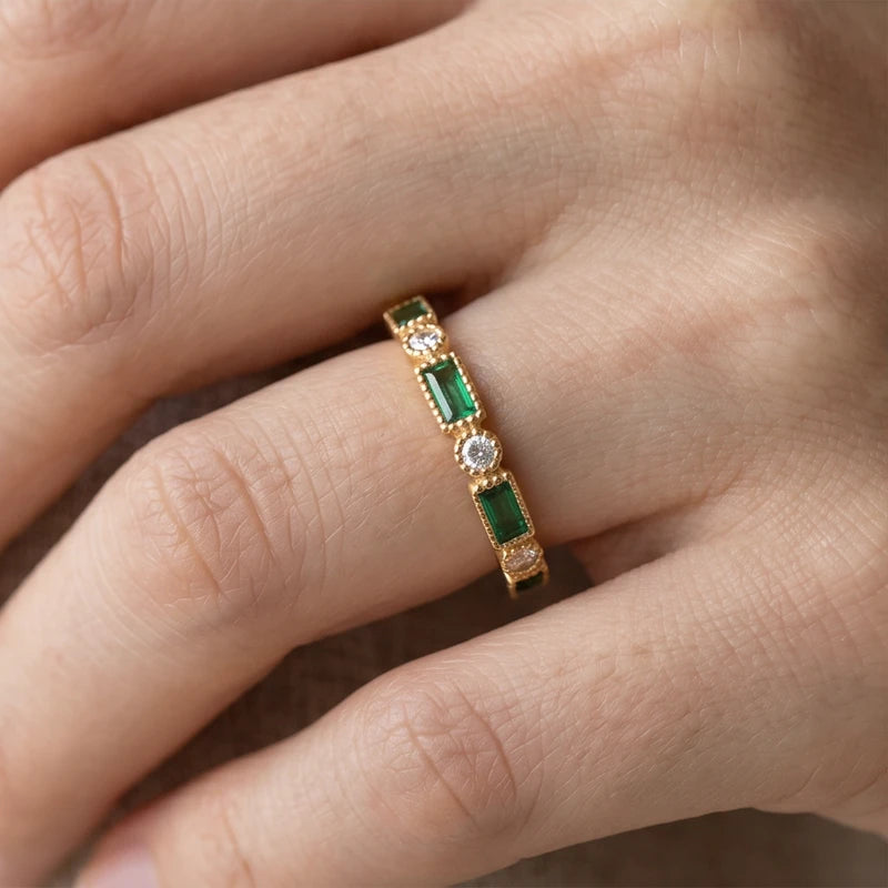 Model wearing 6 Alex - Green Inlaid Zirconia Gold Ring close-up - 3