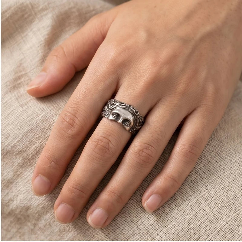 Model wearing Silver Celestia Resizable Stainless Steel Ring close-up - 2