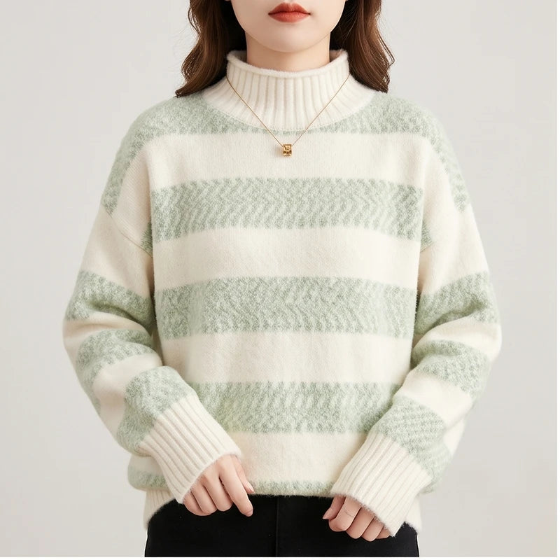 Model wearing Gray knit sweater in a studio