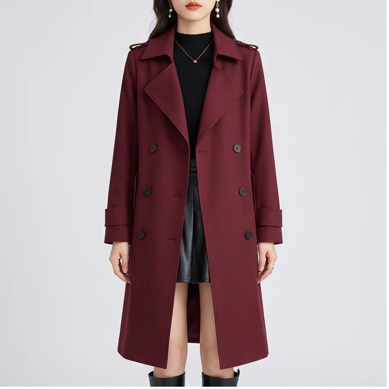 Model wearing Red coat in a studio