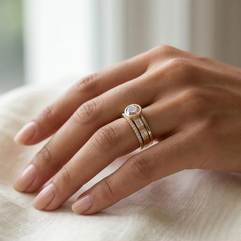 Model wearing 6 Seraphine Crystal Gold Ring Set close-up - 2