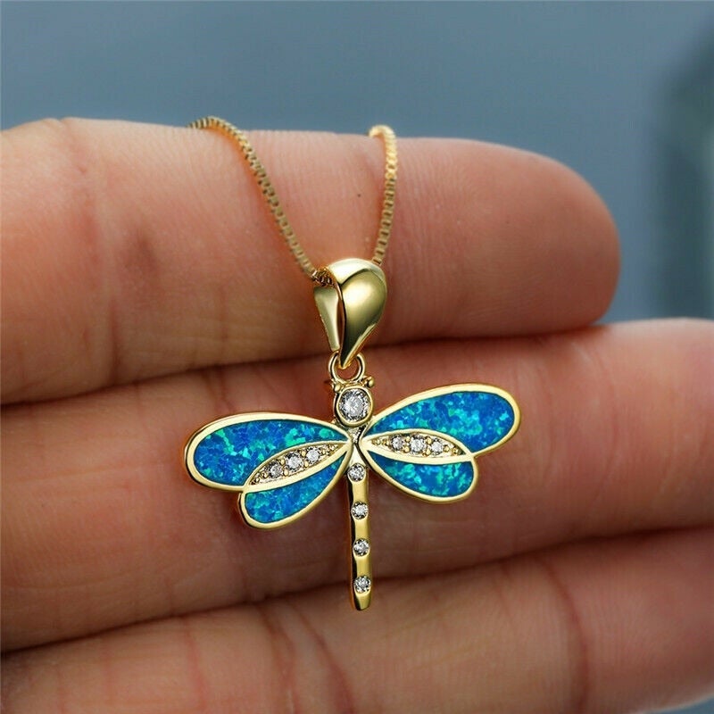 Cerulean Opal Dragonfly Charm Necklace