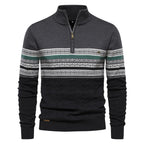 Gray sweater with patterned sleeves on a white background