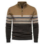 Khaki, brown, and dark green sweater with patterned sleeves on a white background