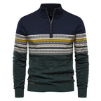 Navy sweater with patterned sleeves on a white background