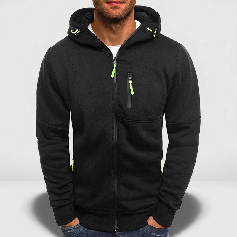 Black fleece hoodie on an off-gray studio background
