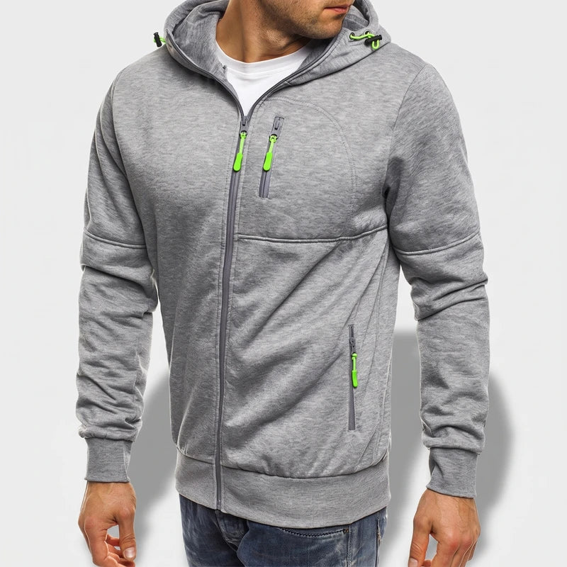 Gray fleece hoodie on an off-gray studio background