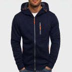 Navy fleece hoodie on an off-gray studio background