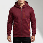 Red fleece hoodie on an off-gray studio background