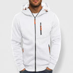 White fleece hoodie on an off-gray studio background
