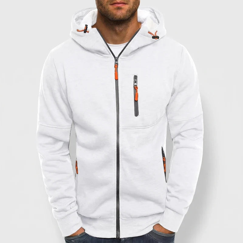 White fleece hoodie on an off-gray studio background