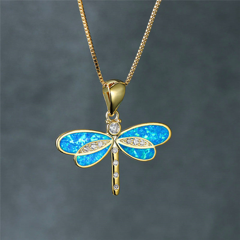 Cerulean Opal Dragonfly Charm Necklace