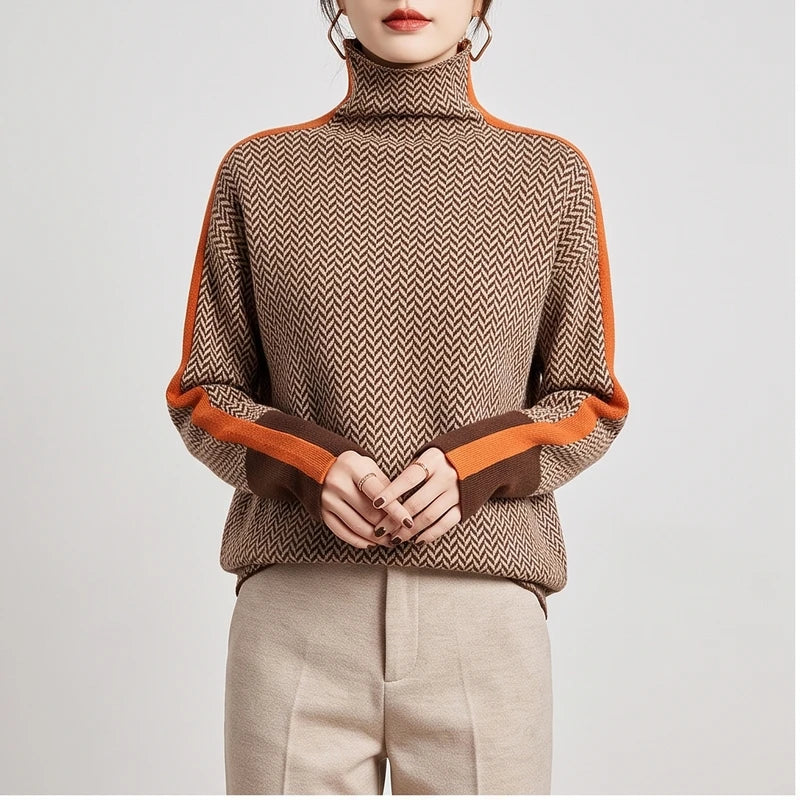 Model wearing Brown sweater in a studio