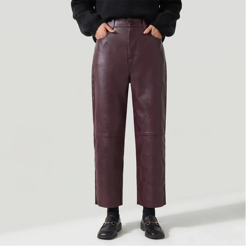 Burgundy leather pants on an off-gray studio background