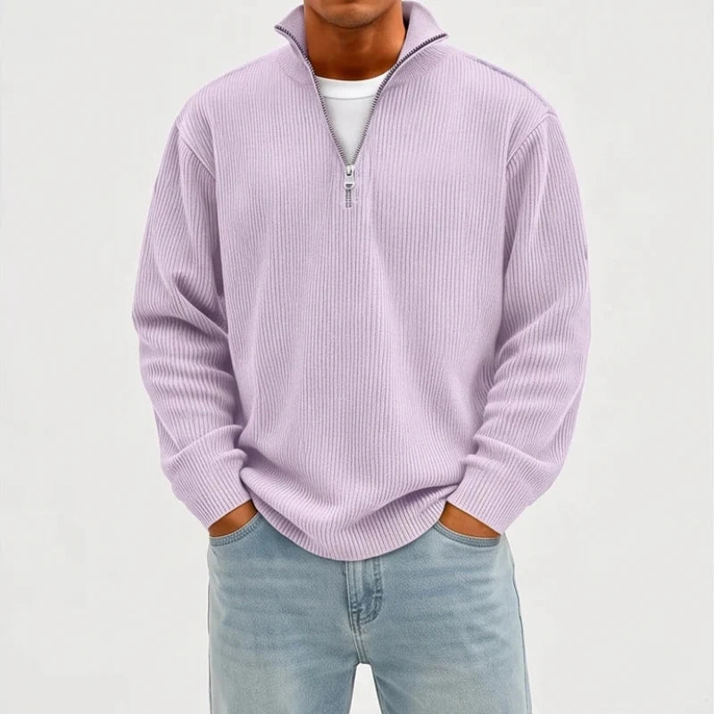 Model wearing Purple corduroy pullover in a studio