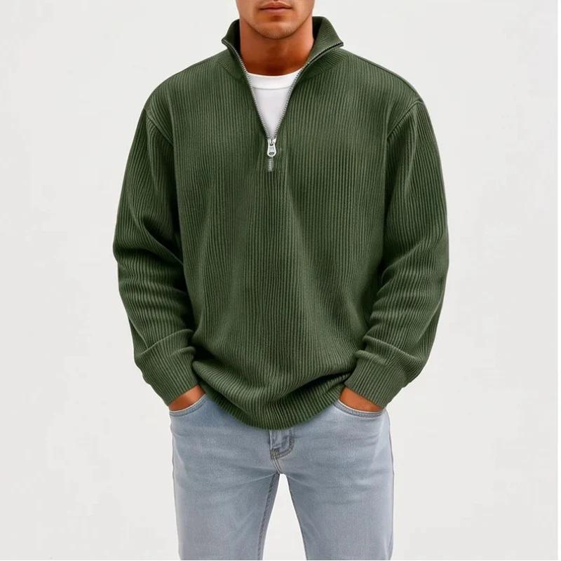 Model wearing Dark Green corduroy pullover in a studio - 2