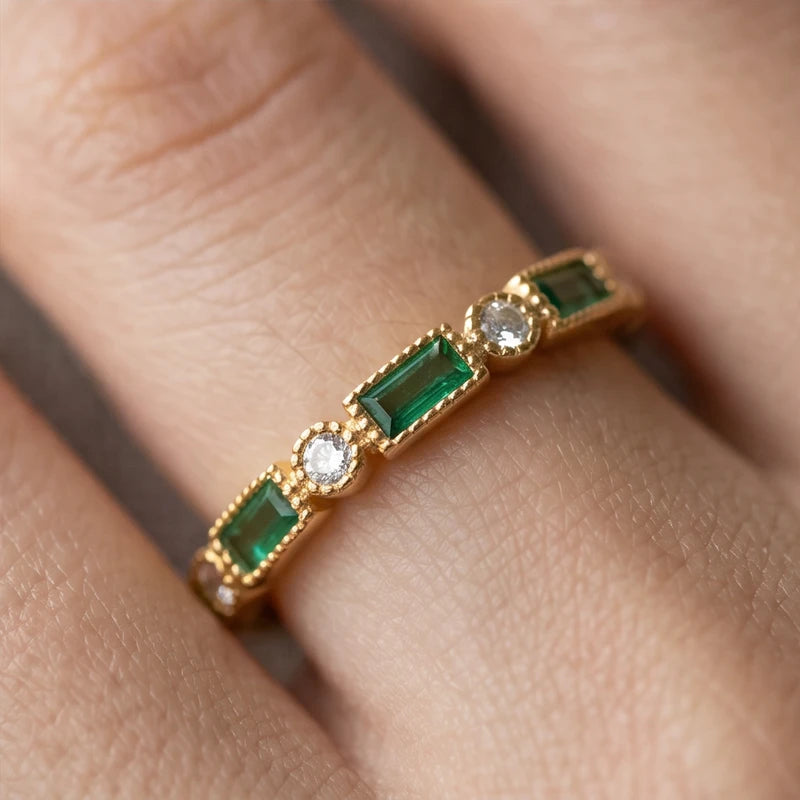 Model wearing 6 Alex - Green Inlaid Zirconia Gold Ring close-up - 4