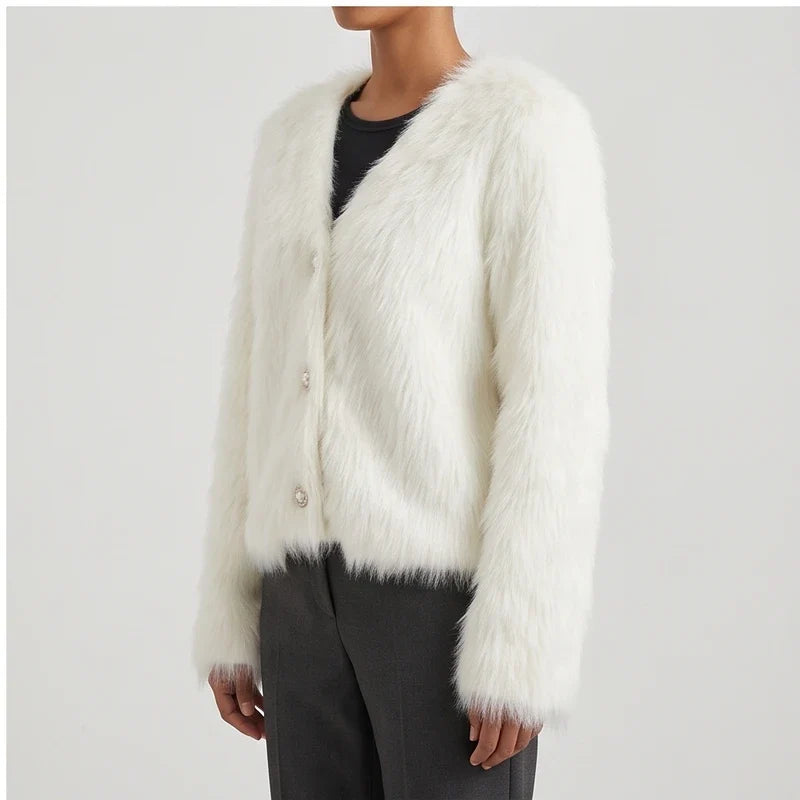 Model wearing white thicken knitted cardigan in a studio - 3