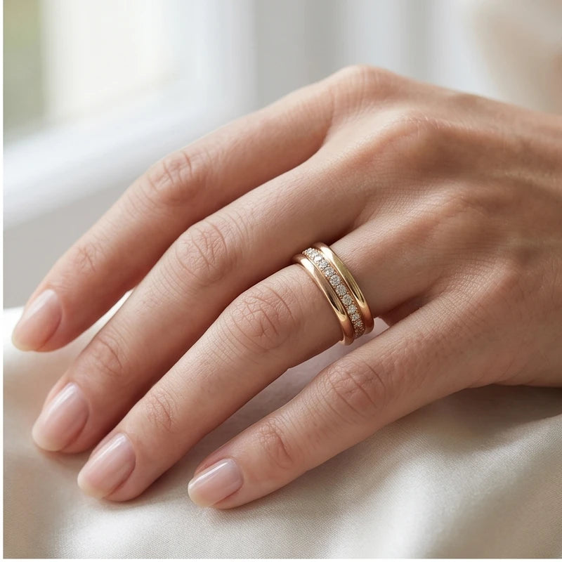 Model wearing 5 Sarah Zirconia Inlaid Gold Ring close-up - 2