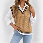 Woman wearing a beige cable knit sweater vest with black and white striped trim over a white collared shirt and blue jeans.
