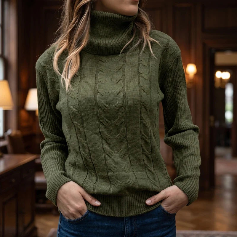 Woman wearing a fitted olive green cable knit turtleneck sweater with ribbed cuffs and hem, hands in blue jean pockets.