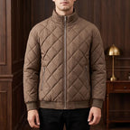 coffee jacket in a dark wood interior