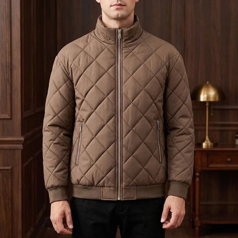 coffee jacket in a dark wood interior