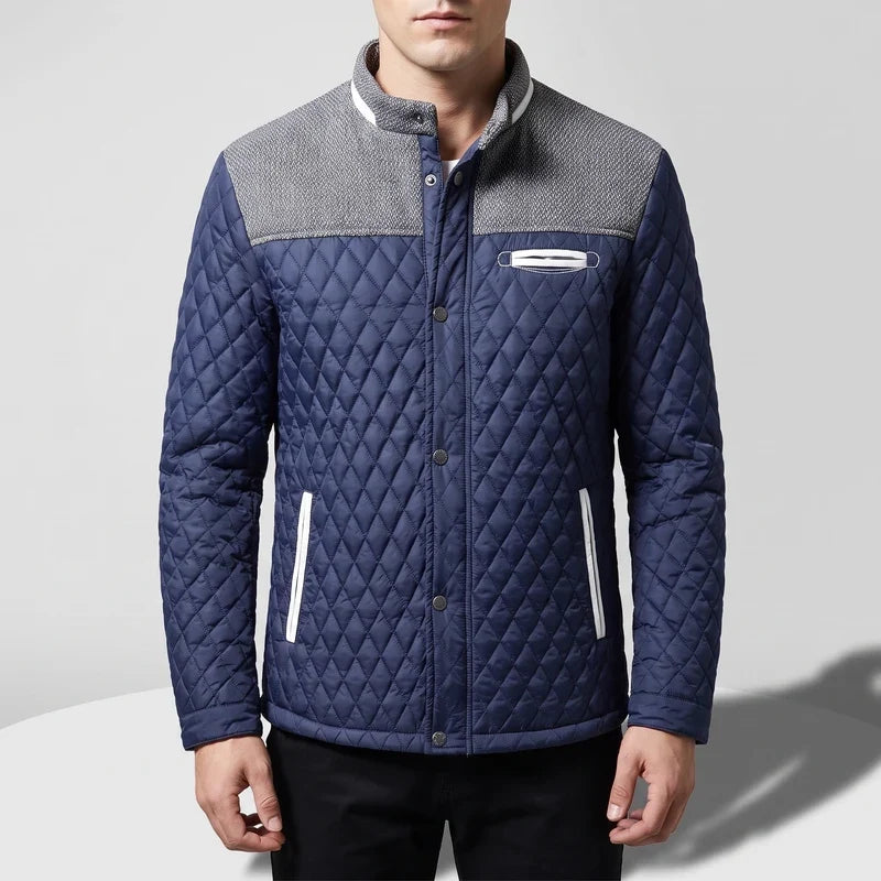 Blue cotton coat on an off-gray studio background