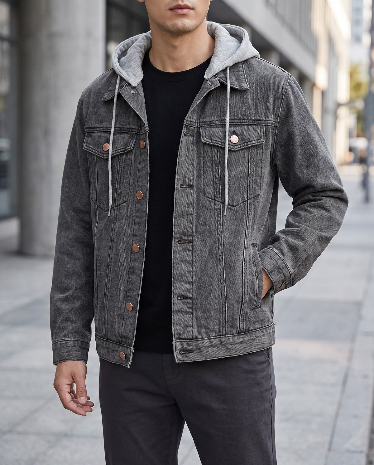 Man wearing a dark gray washed denim jacket with a light gray hooded insert, posing outdoors with one hand in a pocket.