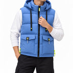 Man wearing a bright blue puffer vest with a hood, black zipper, four front pockets, and neon yellow accents.