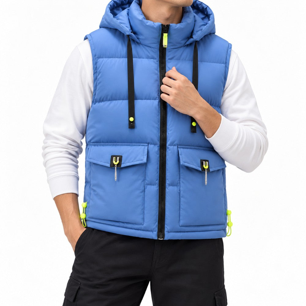 Man wearing a bright blue puffer vest with a hood, black zipper, four front pockets, and neon yellow accents.