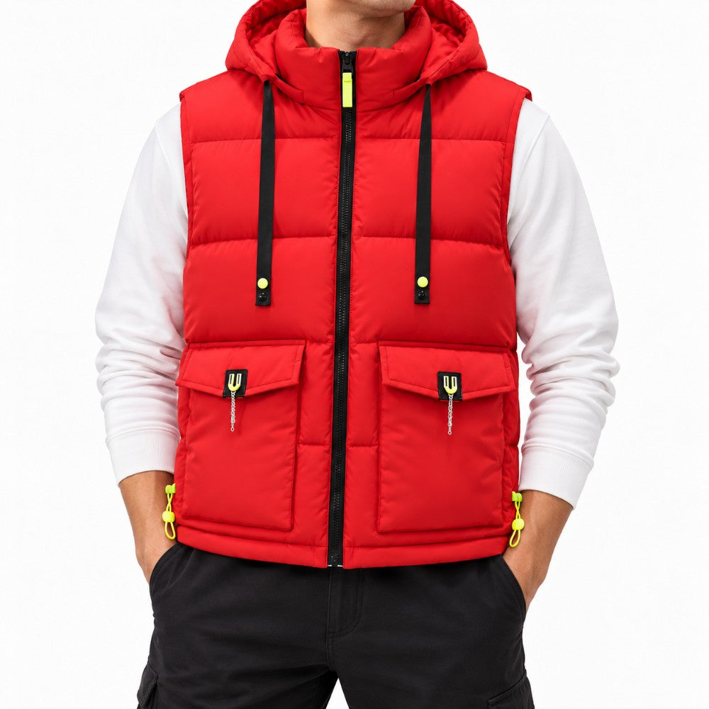 Man wearing a red hooded puffer vest with black zippers, neon yellow accents, and two flap pockets.