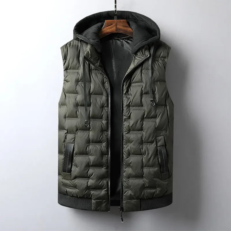 Dark olive green quilted puffer vest with an unzipped front, featuring a dark gray ribbed hem and matching hood with drawstrings.