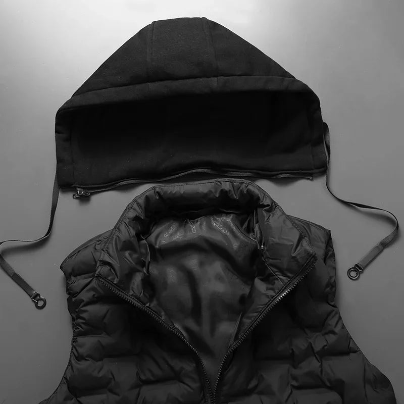 Flat lay of a black puffer vest with a zippered, detachable fleece hood and adjustable drawstrings on a dark surface.